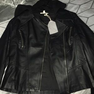 Size medium women’s black leather jacket with hood